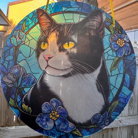 Tuxedo Cat Stained Glass Art with Blue Floral Design - Picture 2 of 6